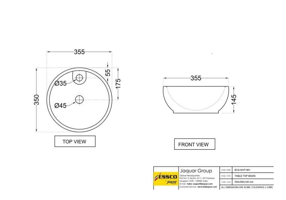 ESSCO TABLE TOP BASIN ECS-WHT-901