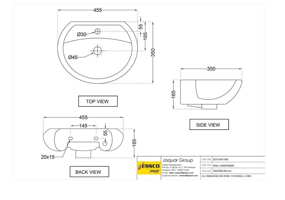 ESSCO WALL HUNG BASIN WITH FIXING ACCESSORIES