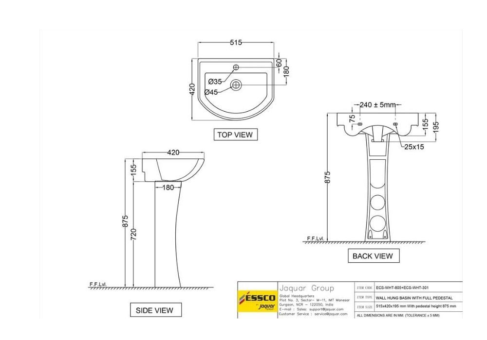 ESSCO WALL HUNG BASIN WITH FIXING ACCESSORIES ECS-WHT-805